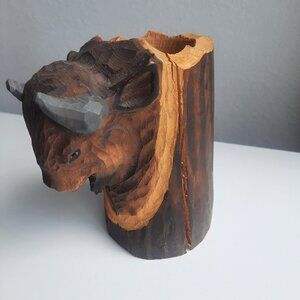 Carved Wood Buffalo Cup 6" Rustic Wood Carving Bison Pencil Holder Decor